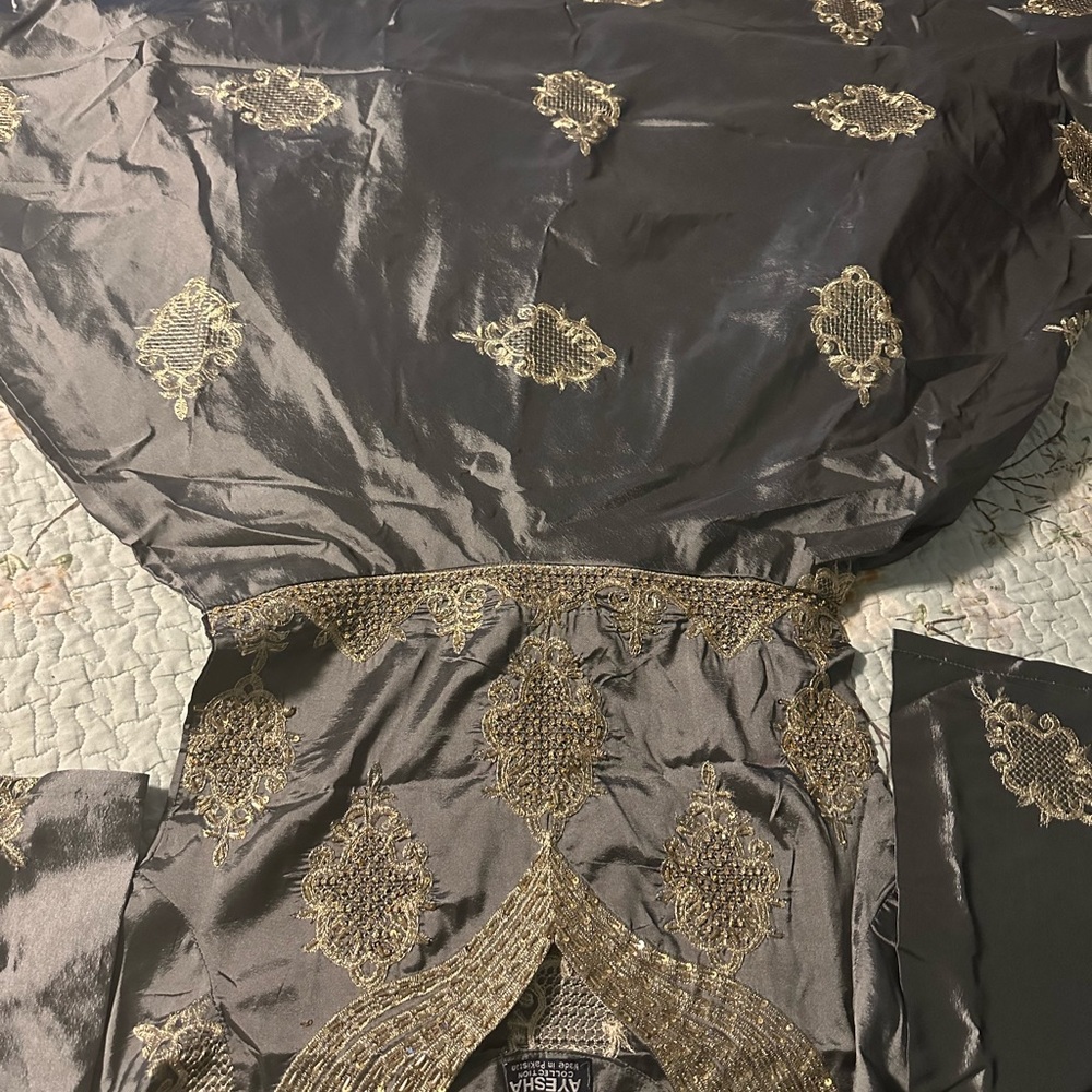 Women gray satin embroidered medium size dress